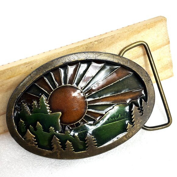 Indiana Metal Craft Brass Enameled Sunrise in the Mountains Belt Buckle Vintage main image 9